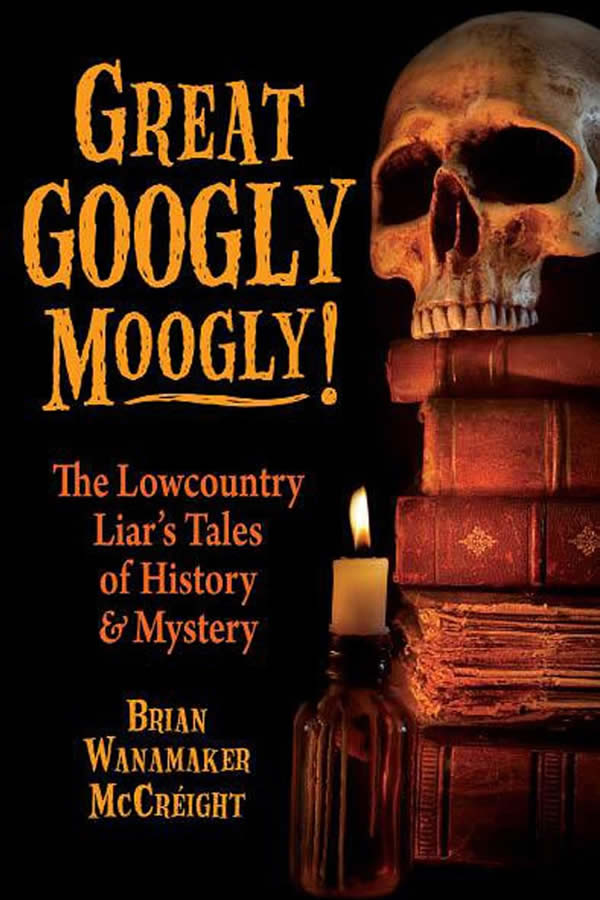 Cover of Great Googly Moogly! with a stack of books, a candle, and a skull.