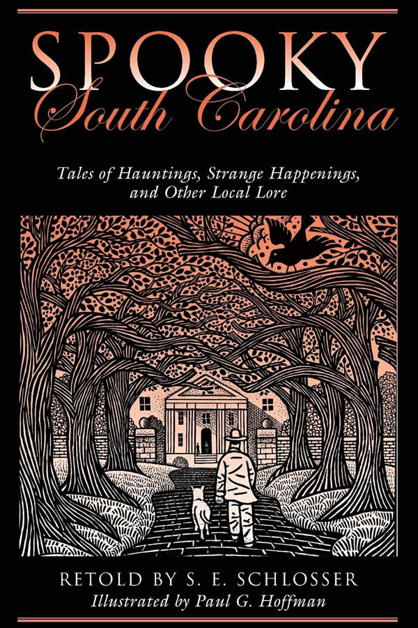Cover of Spooky South Carolina with a wood cutting of fall trees.