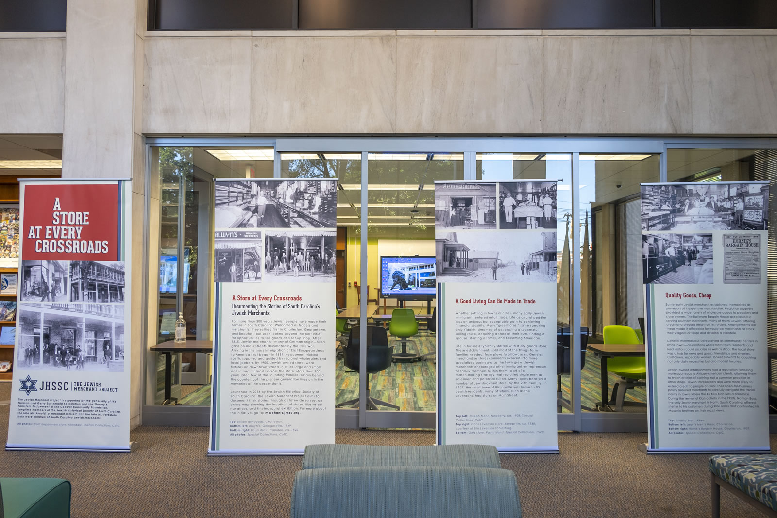 A Store at Every Crossroads exhibit panels in the library 1st floor.