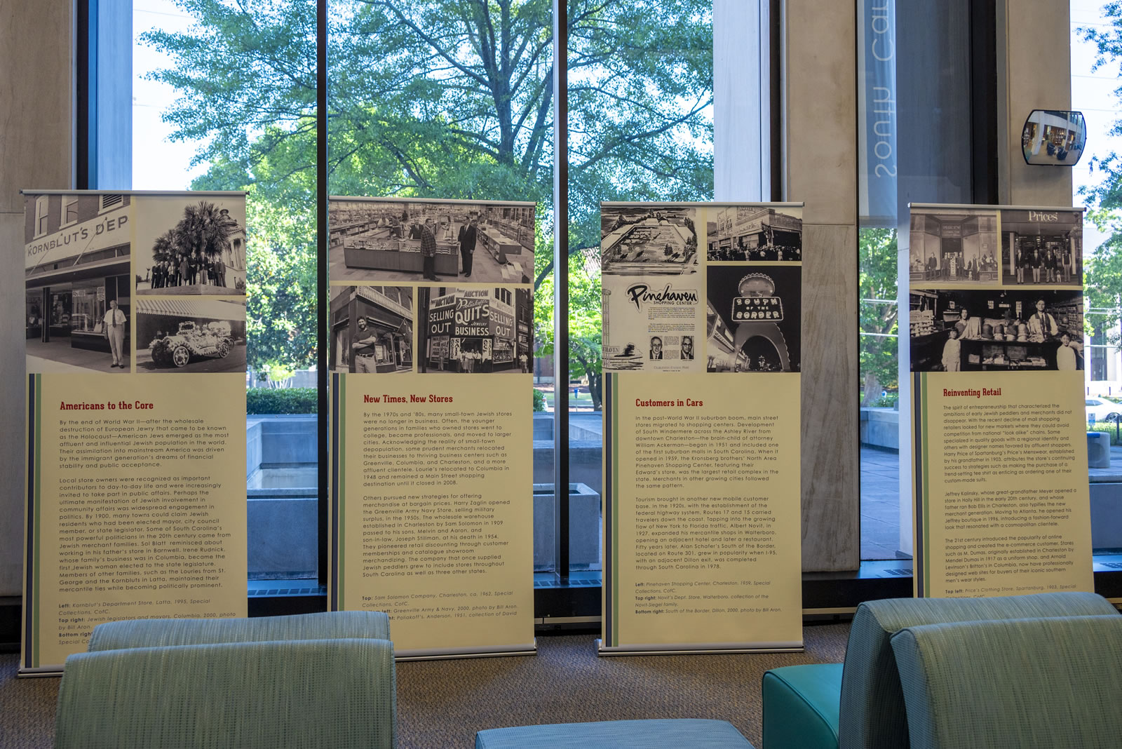 A Store at Every Crossroads exhibit panels in the library 1st floor.