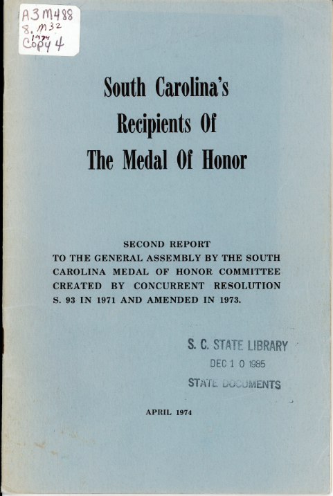 Cover of South Carolina’s Recipients of The Medal of Honor: Second Report to the General Assembly