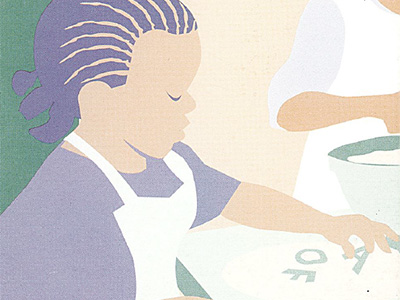 Illustration of a girl baking with a parent.