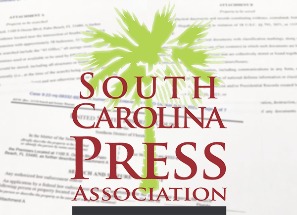 South Carolina Press Association logo over some blurred government documents.