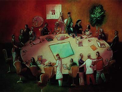 Illustration of various people around a circular table performing various tasks.