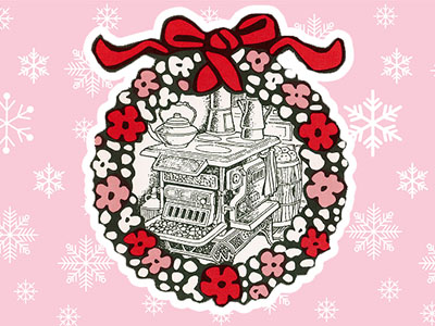 An illutsrated wreath with a wood burning stove in the center over a field of white snowflakes on a pink background.