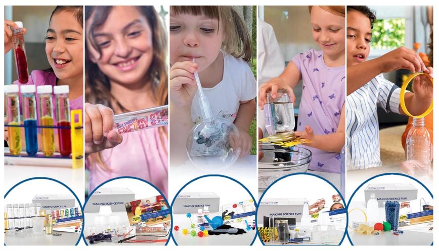 Collage of kids enjoying STEM camp activities.