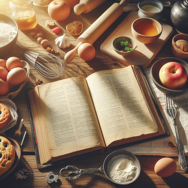 Cookbook open on a table with foodstuffs all around.
