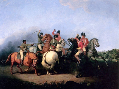 Painting from wiki commons , “Battle of Cowpens” by William Ranney.