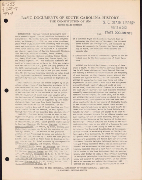 Image of Basic Documents of South Carolina History: The Constitution of 1776.