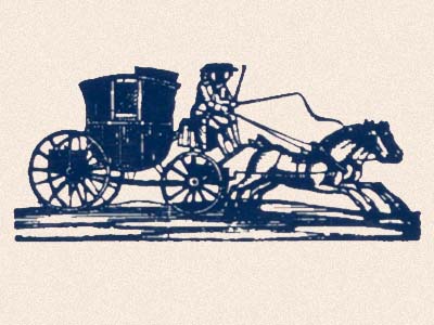 Image of a horse pulled carriage in blue on a tan background.