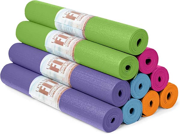 Photos of multiple rolled up yoga mats of various colors stacked on top of each other on a white background.