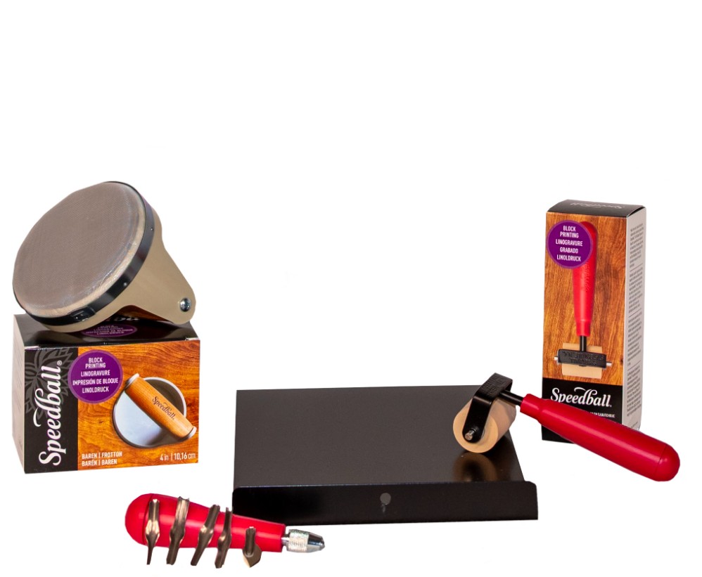 Block printing tools on a white background.