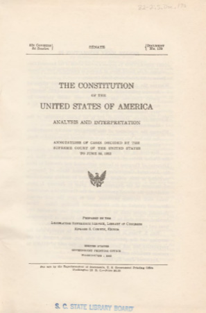 CXover of The Constitution of the United States of America: Analysis and interpretation; annotations of cases decided by the Supreme Court of the United States to June 30, 1952.