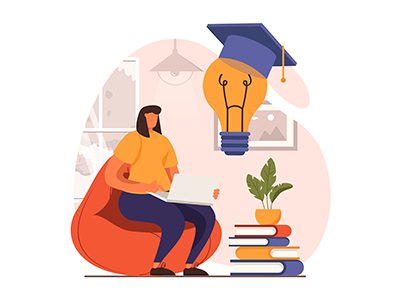 Illustration of woman on her computer by a stack of books with a lightbulb abover her head wearing a graduation cap.