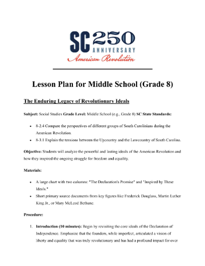 Image of Lesson Plan for Middle School (Grade 8) – The Enduring Legacy of Revolutionary Ideals.