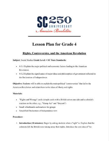 Image of tghe Lesson Plan for Grade 4 – Rights, Controversies, and the American Revolution.