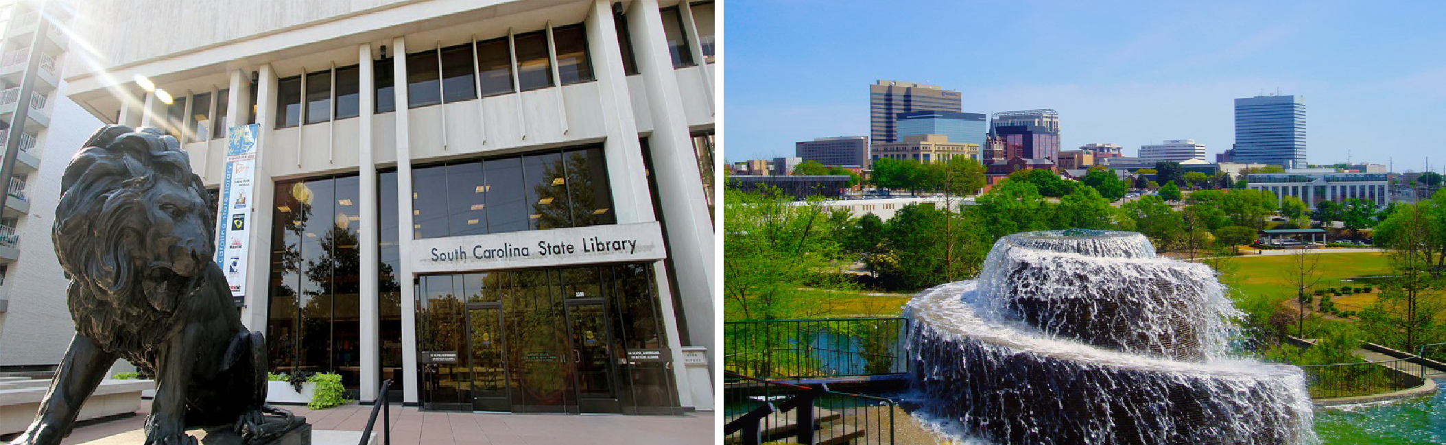 Two pictures, one of the State Library and one of the Columbia cityscape