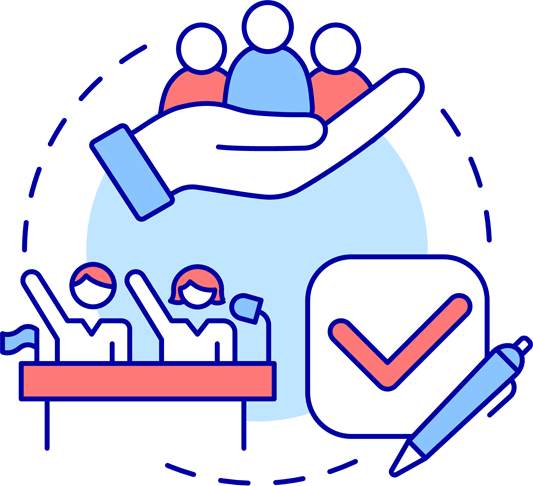 Civic Engagement Month illustration showing the circular connection of volunteering, voting, and participating.