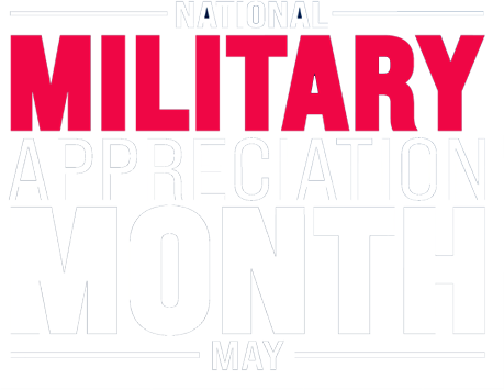 Logo text stating May is Military Appreciation Month in red, white, and blue.