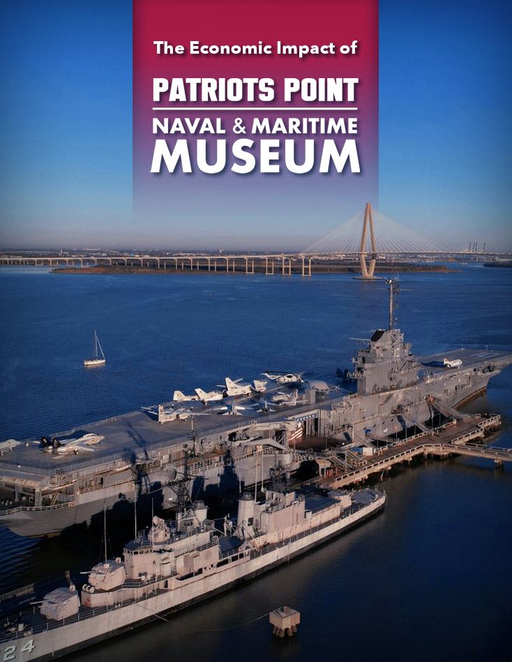 Cover of The Economic Impact of Patriots Point Naval & Maritime Museum study, featuring a photo of the aircraft carrier from a plane, the title of the document at the top.