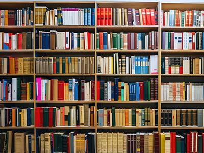 Library booksleves filled with a variety of books, spines unreadable form the distance.