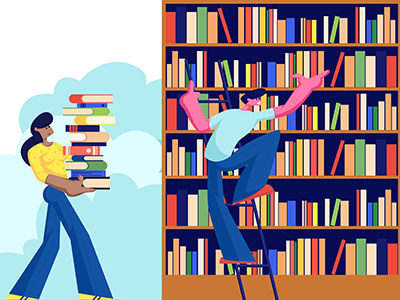 Illustrated image of two people stacking new books onto a library shelf.