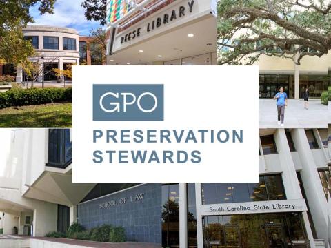 GPO Preservation Stewards logo over the photo of the 5 participating libraries.