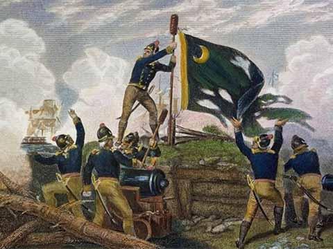General Moultrie holds the South Carolina flag above palmetto ramparts while soldiers are busy around him. Image of painting courtesy of Historic Camden.