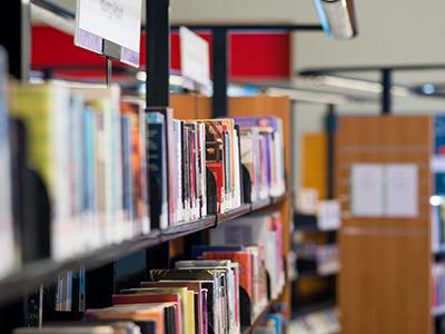 Books on a library bookshelf.