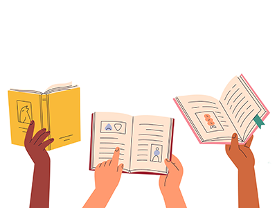 Illustrated hands of various shades holding up open books.