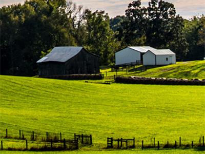 A photograph of rolling hills, fences, green grass, and a working farm in the distance in front of trees.