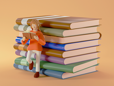 Graphic image of a small figure leaning against a giant stack of library books reading.
