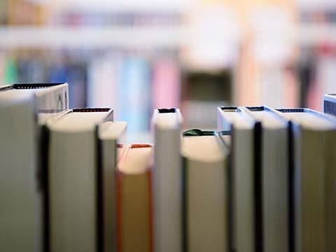 Library books on a shelf.