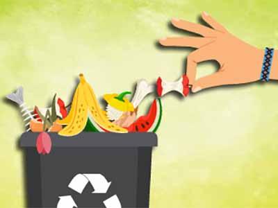 Illustration of a female hand throwing an apple core into a compost bin.