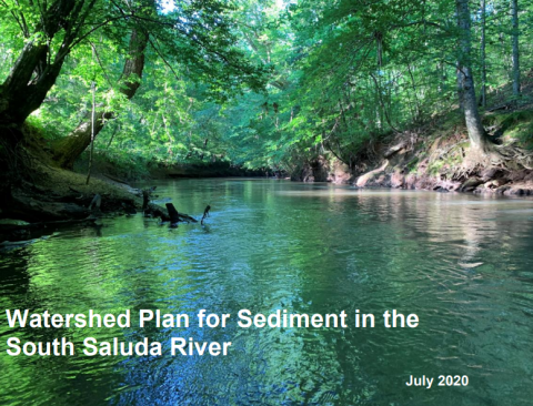 Cover of th DHEC Watershed Plan for Sediment in the South Saluda River showiing a calm,tree-covered river. 