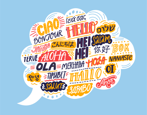 A Chat bubble that features several languages.