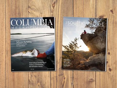 The covers of Columbia Metropolitan magazine and The Southern Edge Magazine. Columbia Metrolpolitan features a fishing scene on a lake. The Southern Edge shows a large boulder as part of a moutain climb. 
