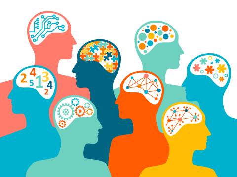 An illustration shows various colored silhouettes each with brains showing different patterned networks.