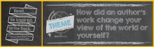 a chalkboard graphic in text that is in chalk style that says "Read. Be Inspired. Write Back. Theme: How did an author's work change your view of the world or yourself?"
