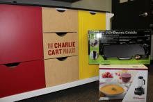 This image shows a Charlie Cart mobile kitchen equipped with a Vitamix blender an an electric griddle