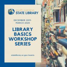 Library Basics Workshop Series logo with image of books on a shelf