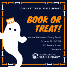 image of ghost with book or treat 