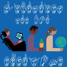 An illustration shows three diverse, illustrated people. Above them is hands showing various sign language signs. 