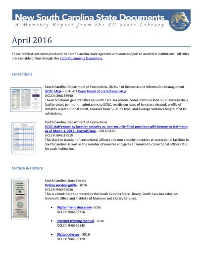New South Carolina State Government Documents for April cover image