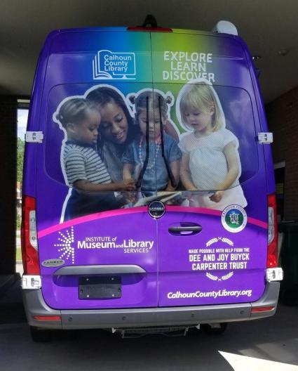 Photo of the back of the bookmobile. 
